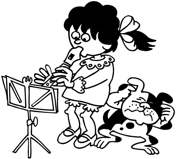 Little girl playing flute while dog stops up its ears vinyl sticker. Customize on line. Music 061-0354